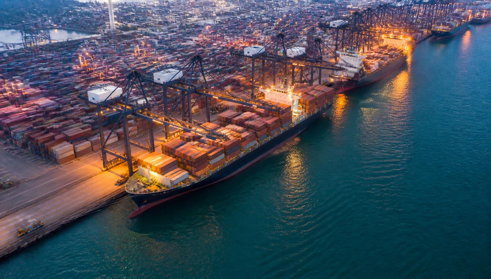 Container terminal at dusk